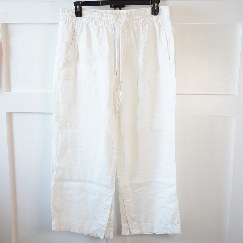 Athleta, White 100% Linen Blend Wide Leg Pants Size 16 Elastic Waist Drawstring - Picture 2 of 7